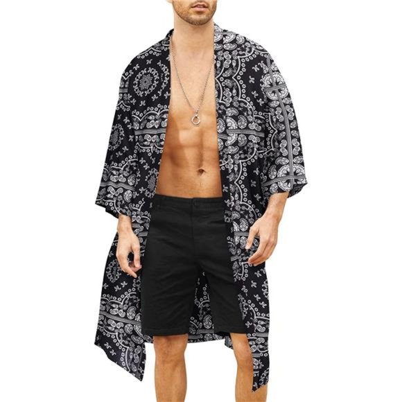 Swim Mens Lightweight Kimono Robe Jacket Printed Japanese Style